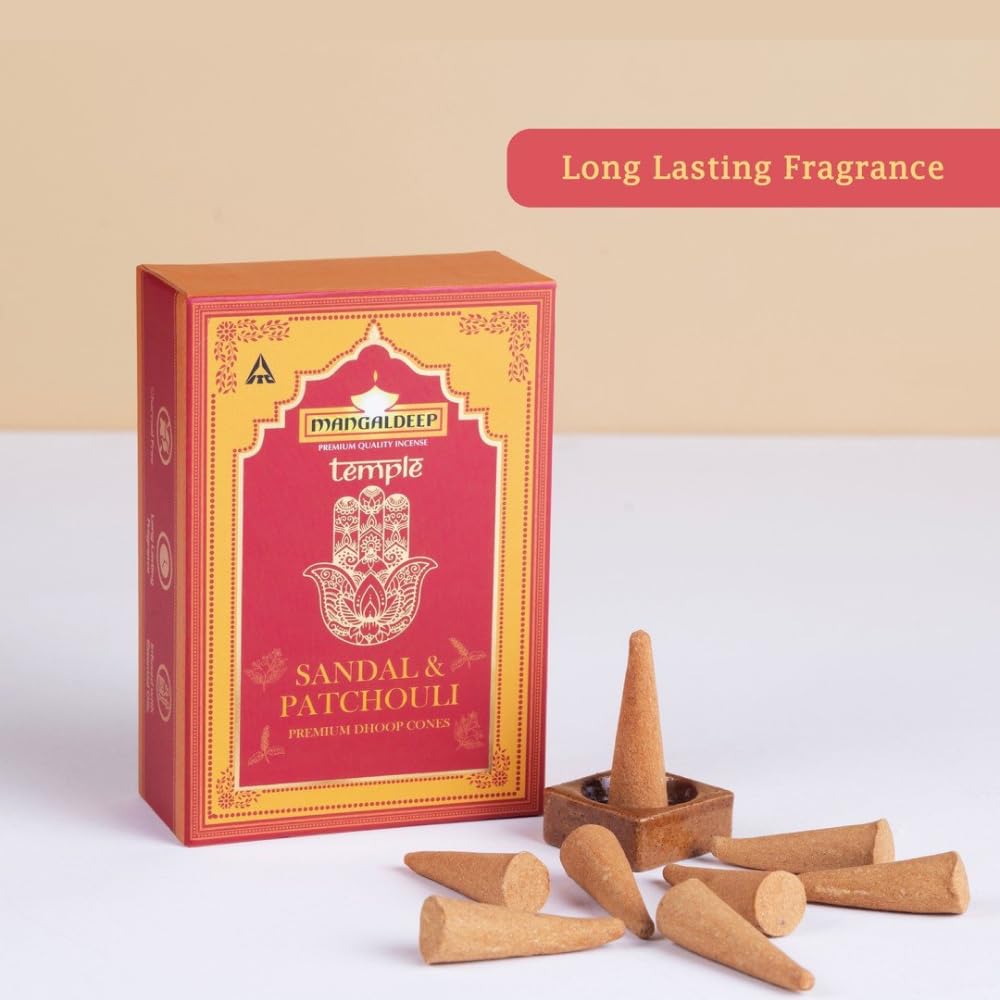 Mangaldeep Temple Premium Bambooless Dhoop Cones - Sandal & Patchouli - Ceramic Stand Inside - Charcoal Free (40 Cones)