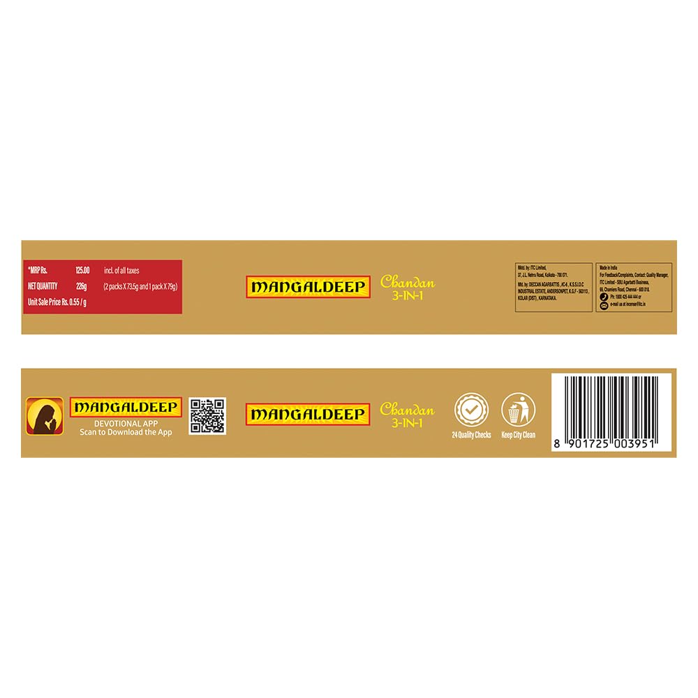 Mangaldeep 3in1 Agarbatti - Soothing Fragrances of Classic Chandan, Rose & Jasmine (226g)
