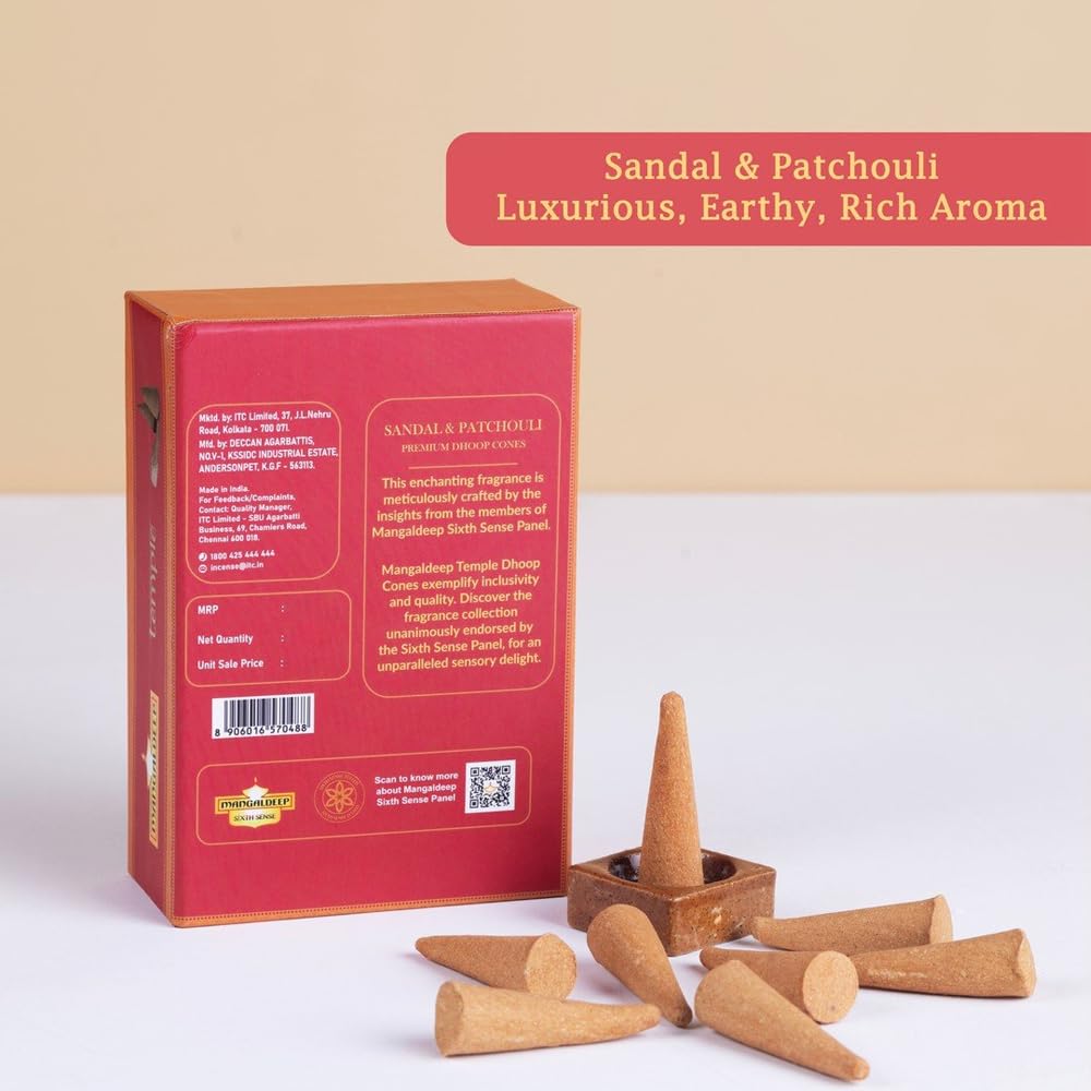 Mangaldeep Temple Premium Bambooless Dhoop Cones - Sandal & Patchouli - Ceramic Stand Inside - Charcoal Free (40 Cones)