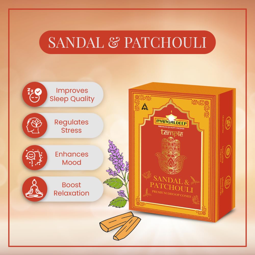 Mangaldeep Temple Premium Bambooless Dhoop Cones - Sandal & Patchouli - Ceramic Stand Inside - Charcoal Free (40 Cones)
