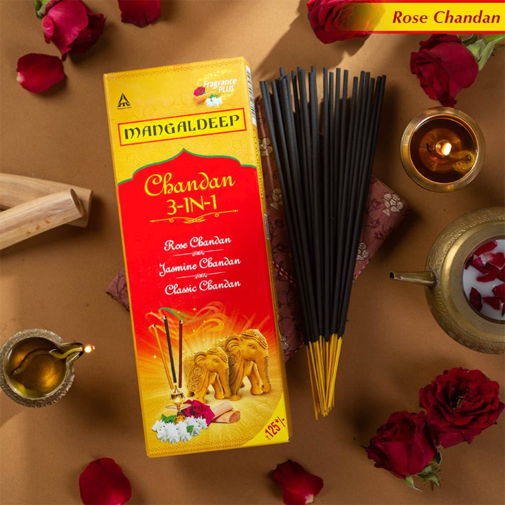 Mangaldeep 3in1 Agarbatti - Soothing Fragrances of Classic Chandan, Rose & Jasmine (226g)