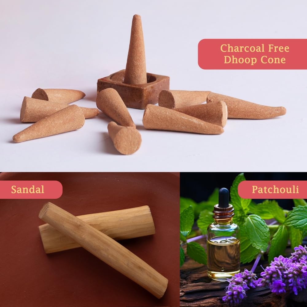 Mangaldeep Temple Premium Bambooless Dhoop Cones - Sandal & Patchouli - Ceramic Stand Inside - Charcoal Free (40 Cones)