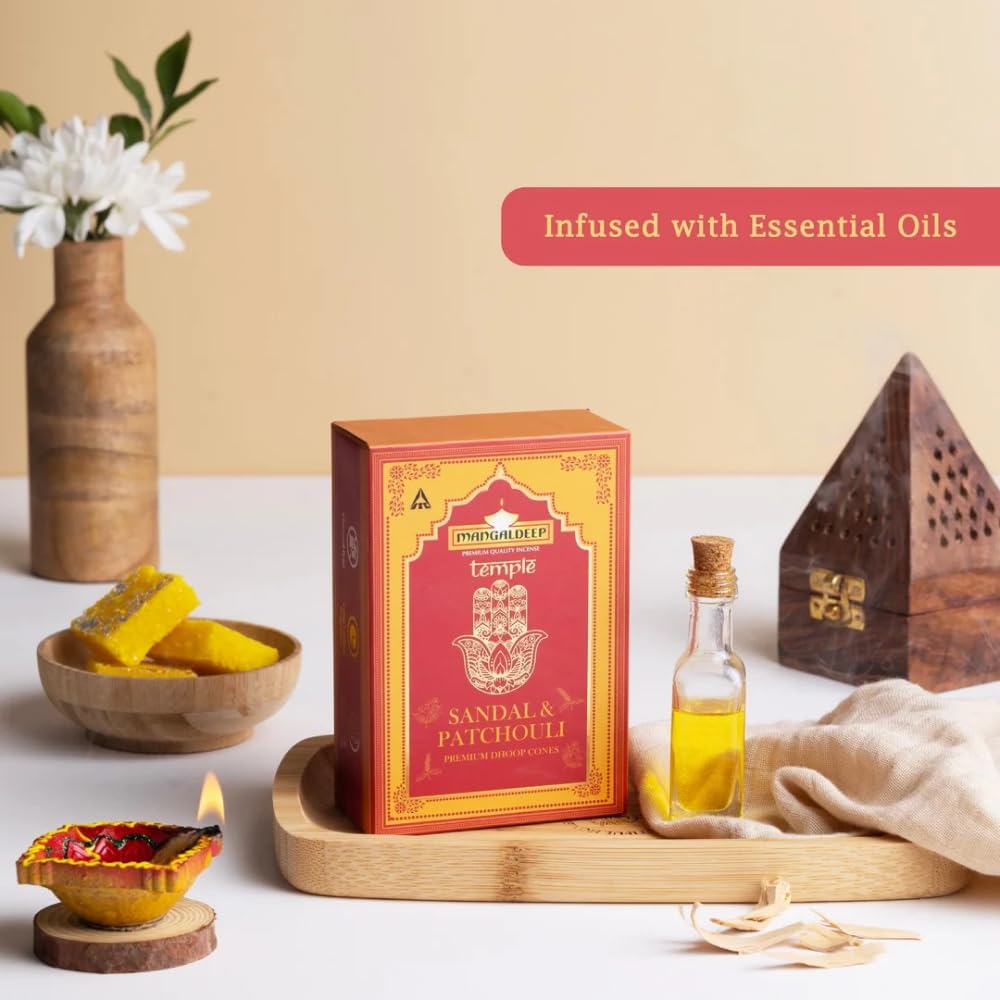 Mangaldeep Temple Premium Bambooless Dhoop Cones - Sandal & Patchouli - Ceramic Stand Inside - Charcoal Free (40 Cones)