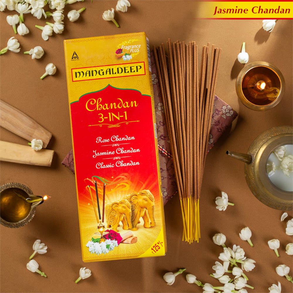 Mangaldeep 3in1 Agarbatti - Soothing Fragrances of Classic Chandan, Rose & Jasmine (226g)