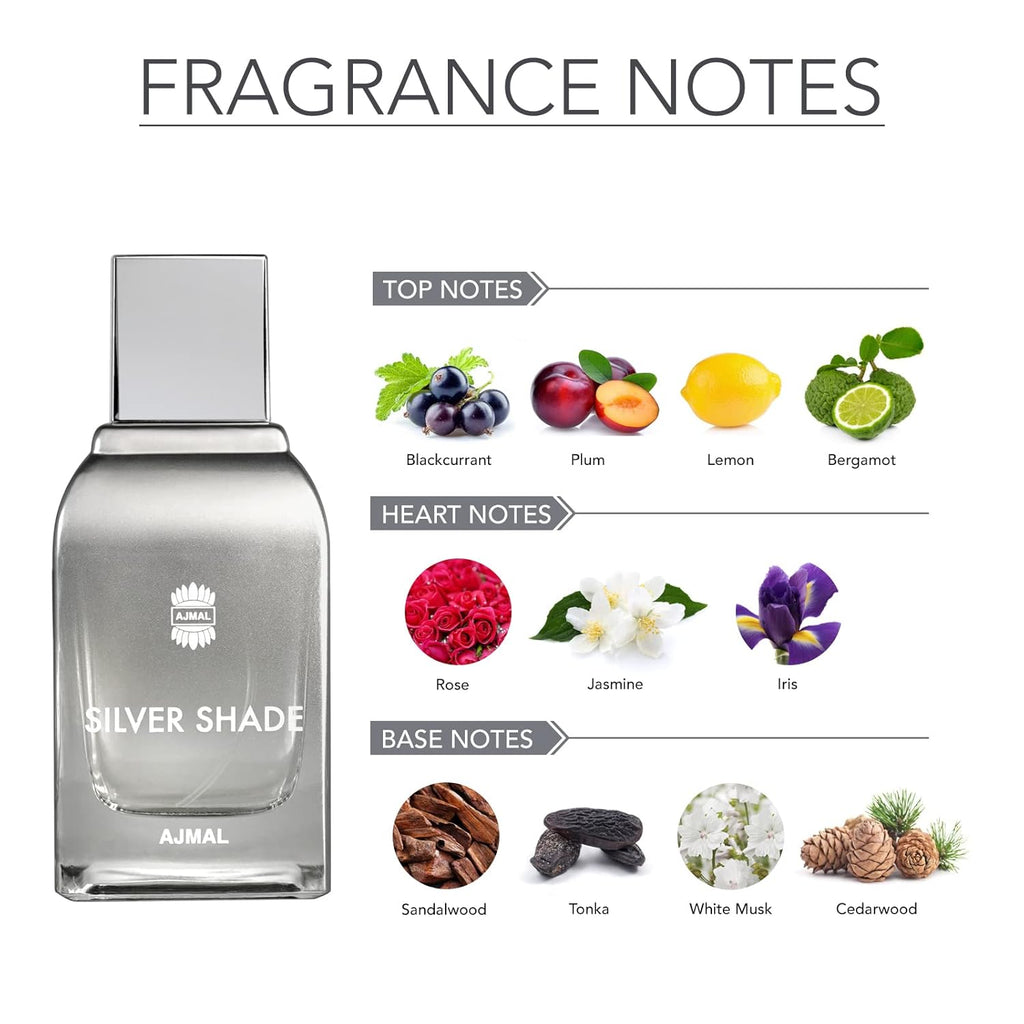 Ajmal Silver Shade Perfume for Men | 100ml Eau De Parfum for Man | Perfume for Man with Citrus, Fruity & Floral Notes | Woody Fragrance with Musk, Sandalwood & Cedarwood | Versatile Cologne for Men