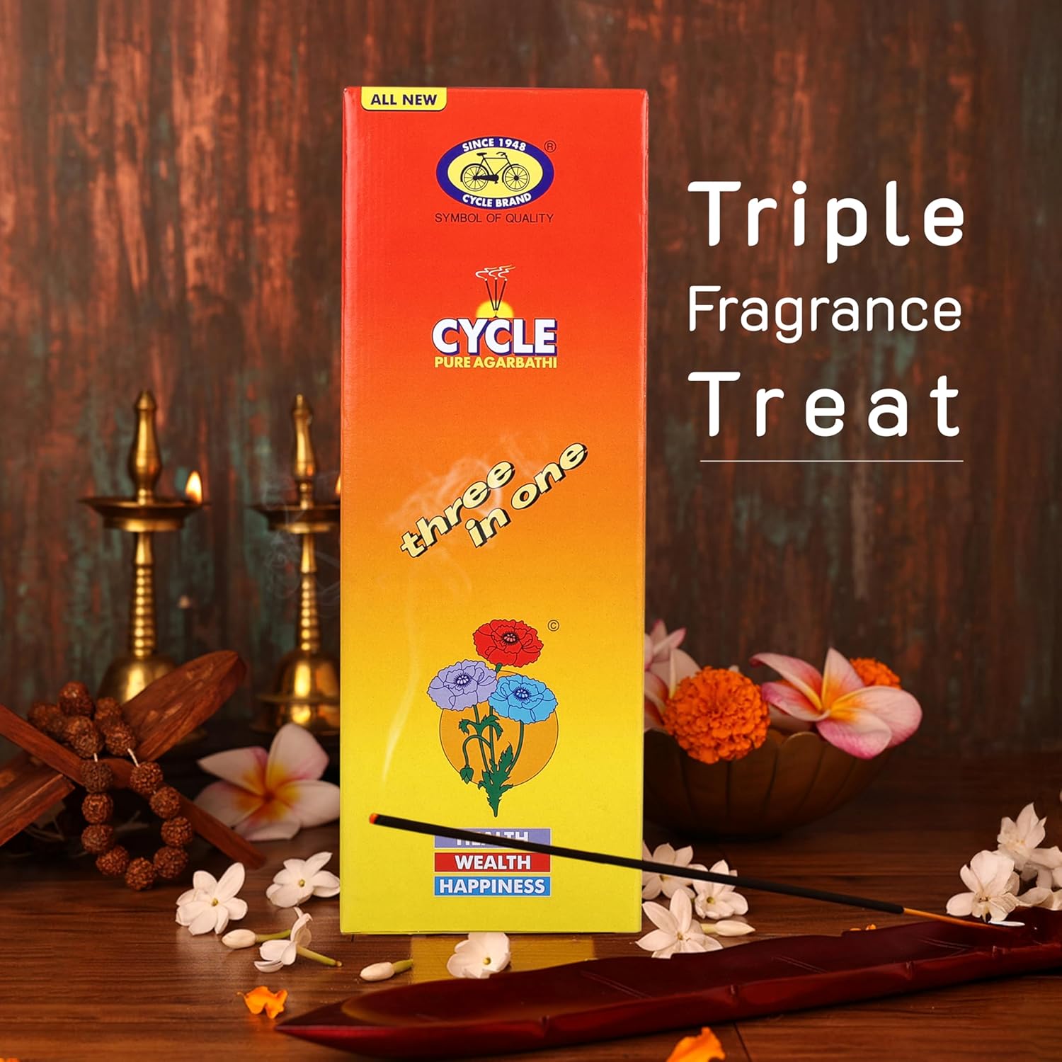 Cycle Pure Three in One Agarbatti Premium Scented Incense Sticks for Health, Wealth & Happiness 250 GM