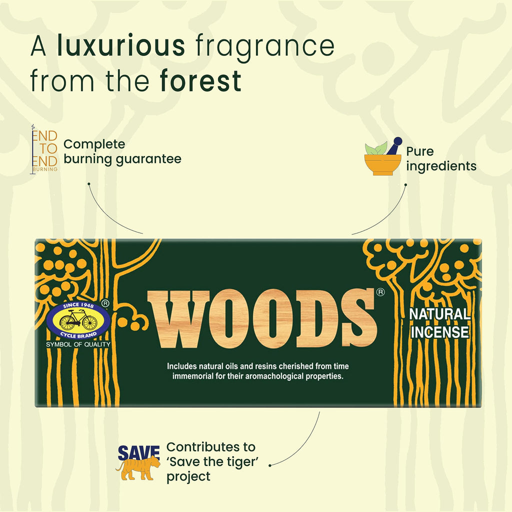 Cycle Pure Woods Natural Incense Sticks, 9 Inch, Pack of 1 (70gm Agarbatti Sticks) | Lasts Upto 60 Mins per Stick | Woody, Sandal, Resin, Cedar, Masala, Amber, Natural Fragrance for Puja, Meditation