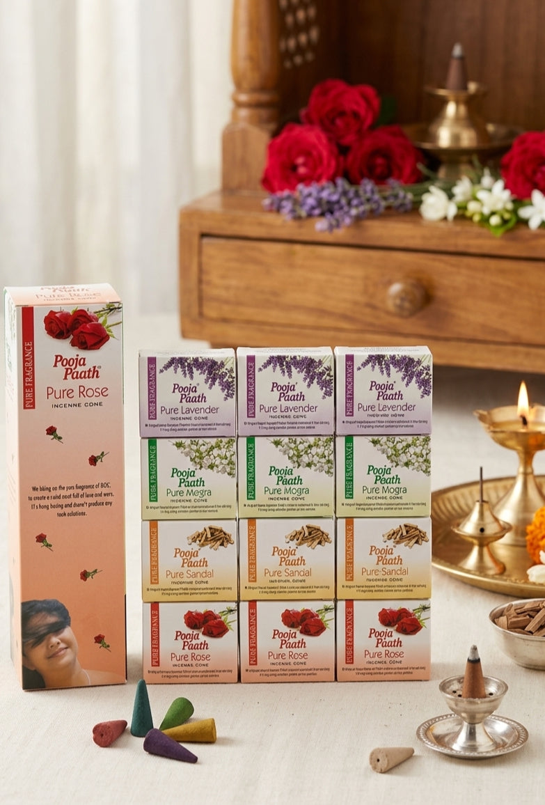Pooja Paath Dhoop Cones ( Pack of 12 ) ( Gulab, Mogra , Chandan , Lavender )